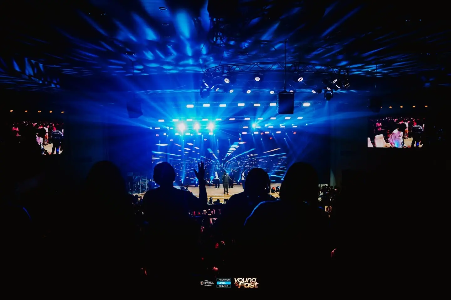 Church event stage under blue professional lighting